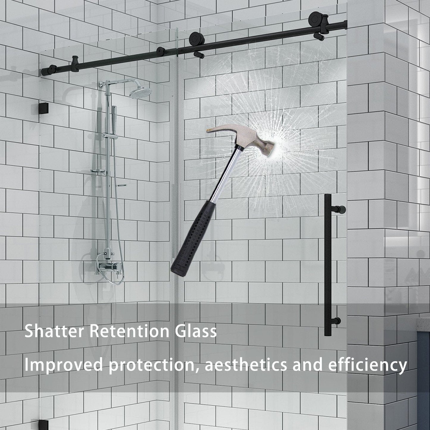 56-60"W x 74"H Frameless Explosion-proof Glass Bathroom Shower Door Two-way Sliding Black