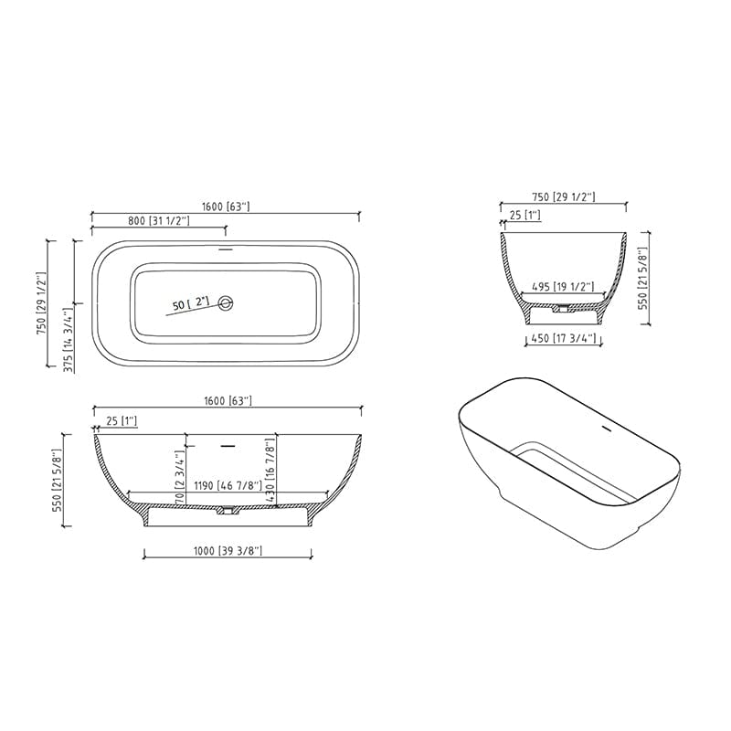 63'' Modern Freestanding Soaking Bathtub Solid Surface Stone Resin Rounded Rectangle