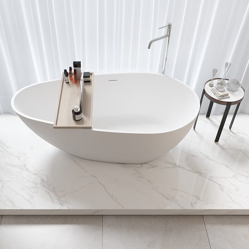 59'' Solid Surface Stone Resin Oval-shaped Matte White Freestanding Soaking Bathtub with Overflow