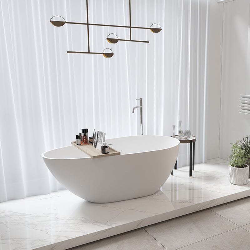 59'' Solid Surface Stone Resin Oval-shaped Matte White Freestanding Soaking Bathtub with Overflow