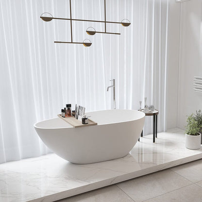 59'' Solid Surface Stone Resin Oval-shaped Matte White Freestanding Soaking Bathtub with Overflow