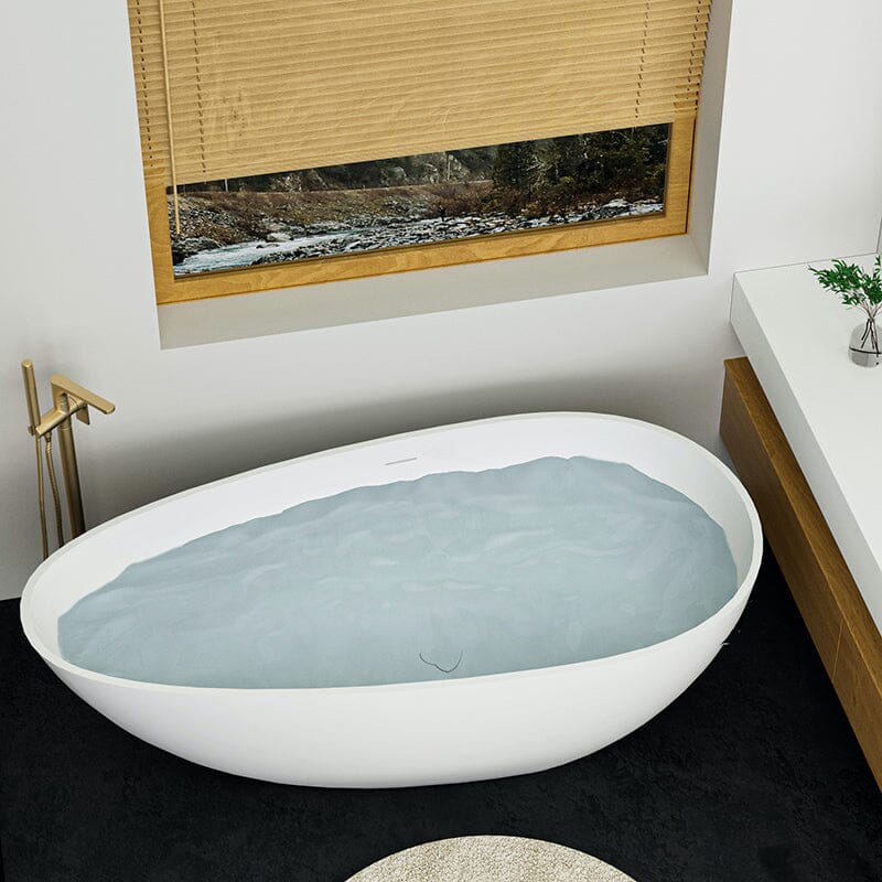 59'' Solid Surface Stone Resin Oval-shaped Matte White Freestanding Soaking Bathtub with Overflow