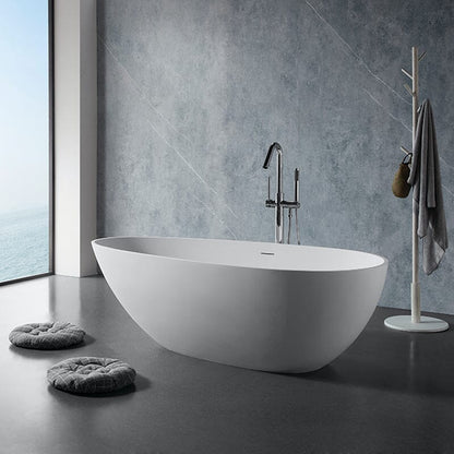 59'' Solid Surface Stone Resin Oval-shaped Matte White Freestanding Soaking Bathtub with Overflow