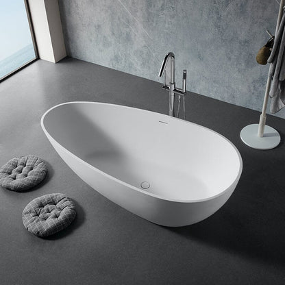 59'' Solid Surface Stone Resin Oval-shaped Matte White Freestanding Soaking Bathtub with Overflow