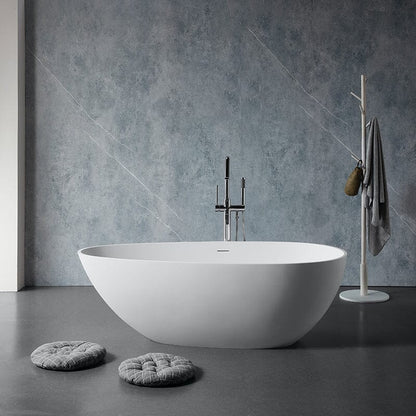 59'' Solid Surface Stone Resin Oval-shaped Matte White Freestanding Soaking Bathtub with Overflow