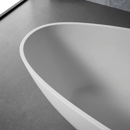 59'' Solid Surface Stone Resin Oval-shaped Matte White Freestanding Soaking Bathtub with Overflow