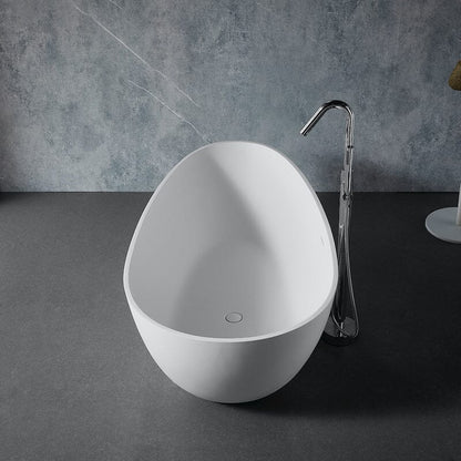 59'' Solid Surface Stone Resin Oval-shaped Matte White Freestanding Soaking Bathtub with Overflow